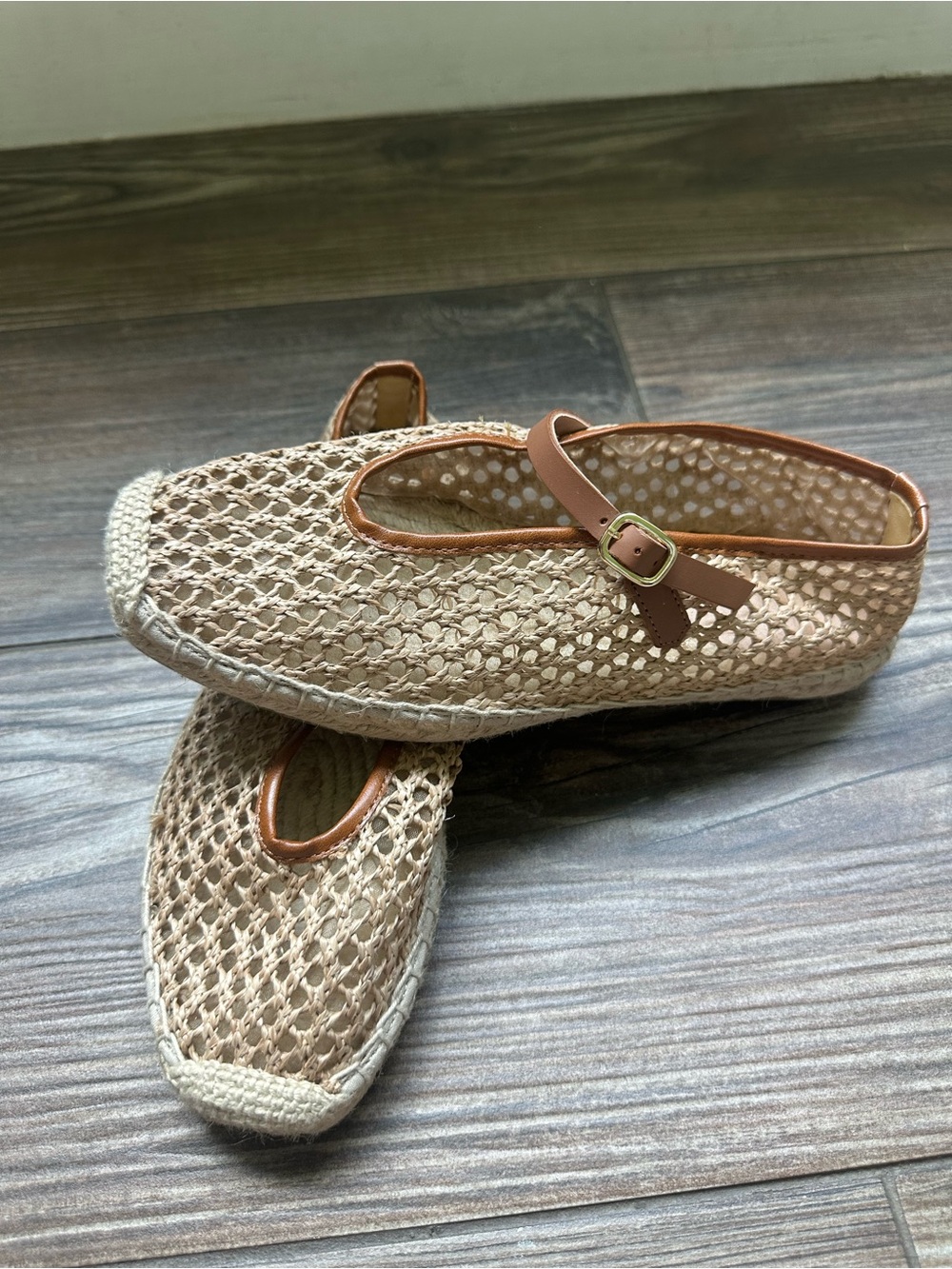 Made-in-Spain woven Mary Jane espadrille flats in faux raffia Brown Tan Fall - Picture 9 of 10